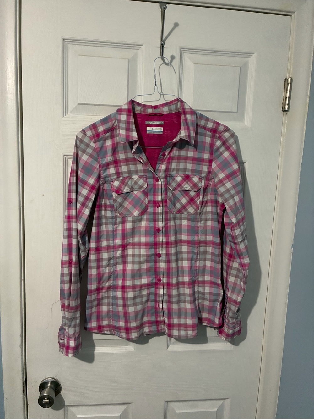 Columbia Pink & Gray Plaid Button-Up Shirt